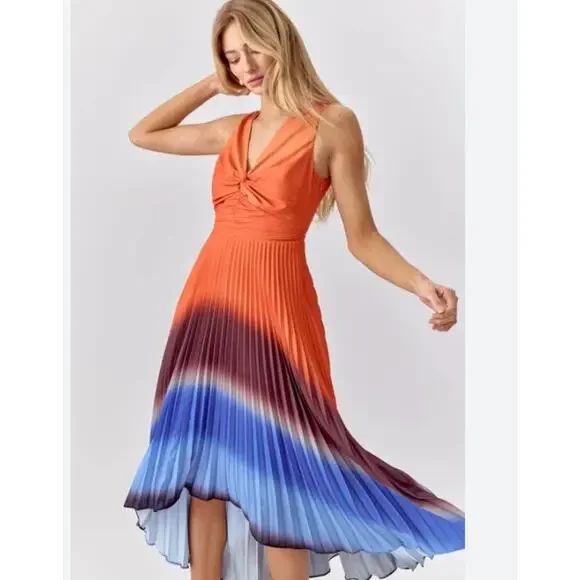 Adelyn Rae Sharkbite Pleated Cocktail Dress | Womens L, Orange, Ombre Blue NEW - Picture 1 of 11